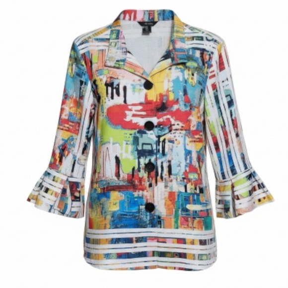Ali Miles Tops - Ali Miles Womens 2X Wire Collar Abstract Print Ruffle Sleeve Button Up Top Shirt